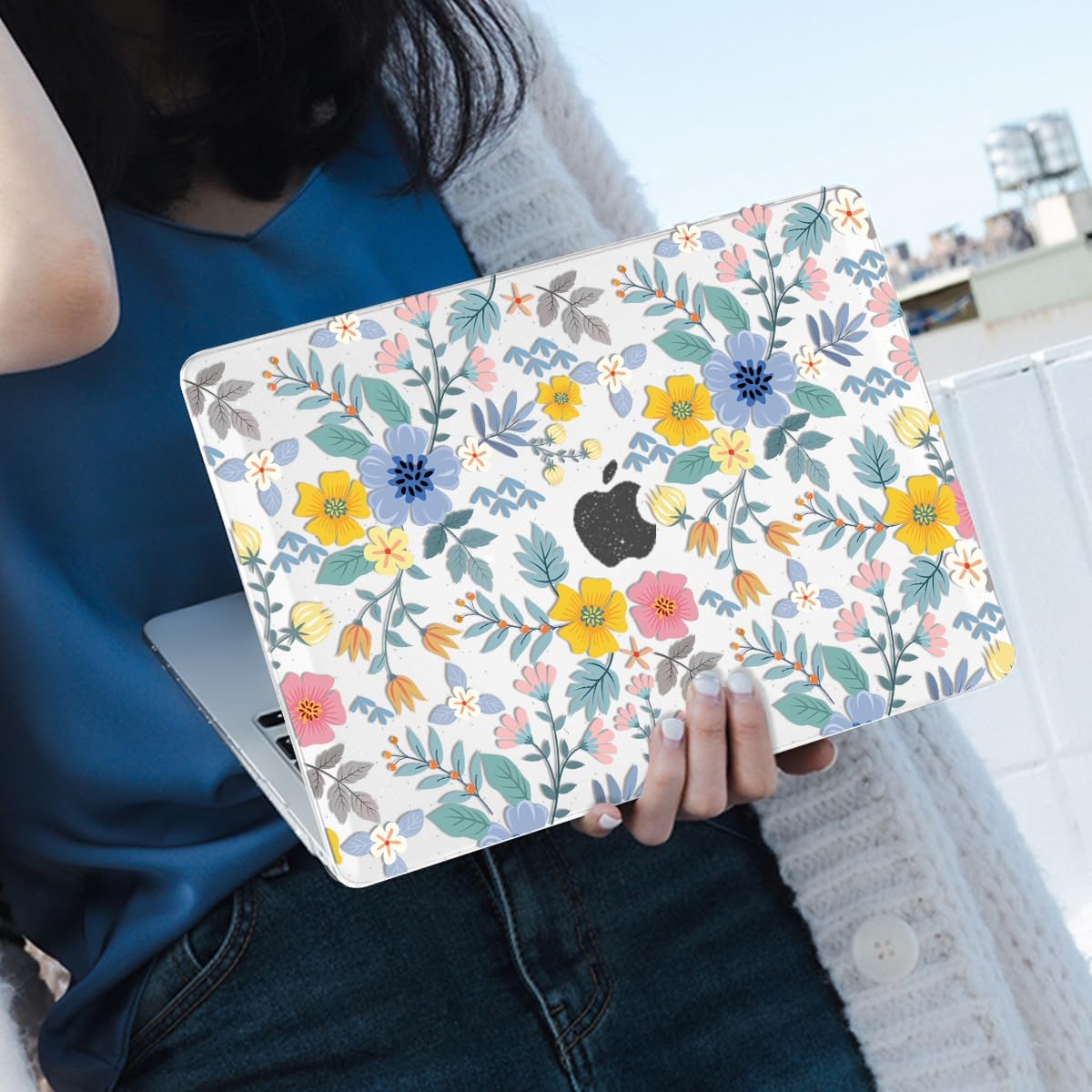 Compatible with MacBook Air 13 Inch M1 Case 2021 2020 2019 2018 Release A2337 A2179 A1932 Touch ID, Shiny Crystal Pattern Plastic Hard Shell Case Keyboard Cover Screen Film, Flowers L213