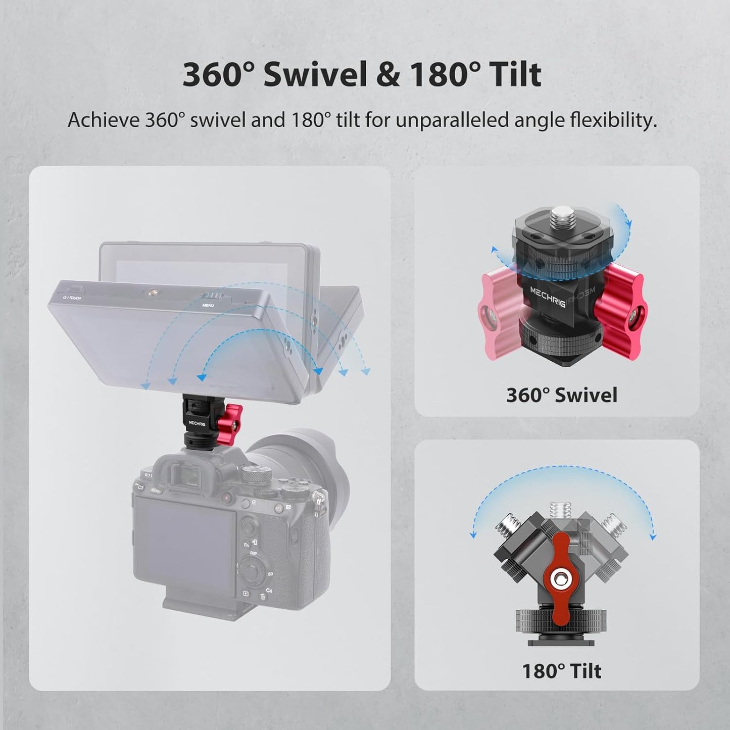 Mini Camera Monitor Mount with Cold Shoe, Aluminum Field Monitor Mount with 1/4″ Screw for LED Light Mic Cage, Cold Shoe Adapter 360° Swivel & 180° Tilt Damping (with Knob 63142)