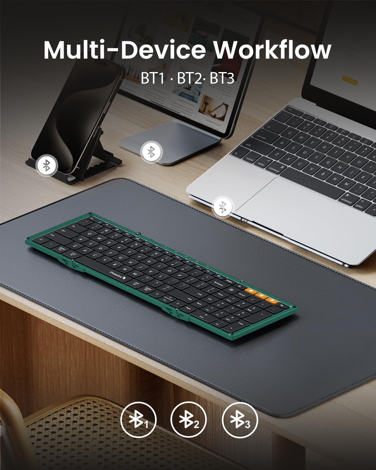 ProtoArc Foldable Bluetooth Keyboard, XK01 Folding Wireless Portable Keyboard with Number Pad, Full-Size Travel Keyboards for Windows iOS Android Tablet Smartphone Laptop PC - Dark Green
