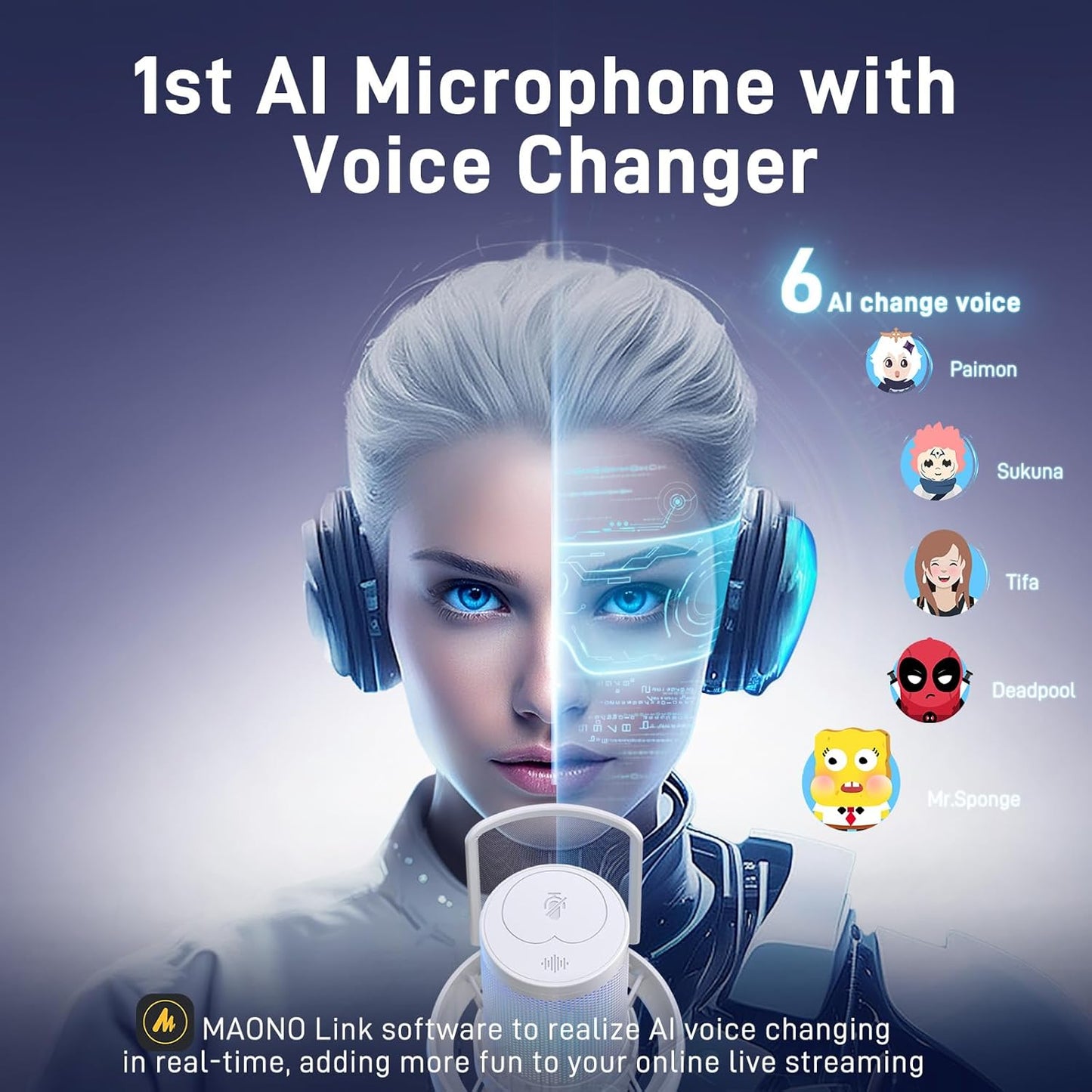 MAONO Wireless Microphone for PC,Gaming Streaming USB Mic with Software AI Voice Change,3-Level Noise Cancellation,Custom EQ,Gain Control for Computer Podcast Recording (DM40 AI Mic, DM40-White)