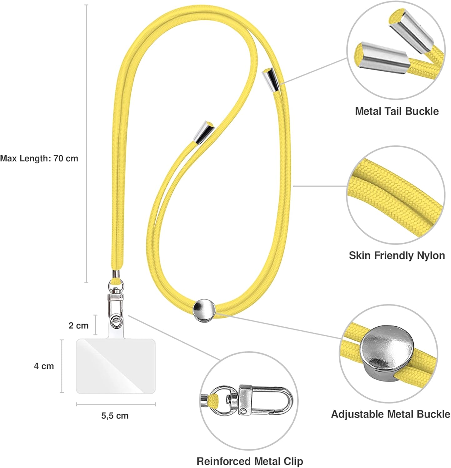 Cell Phone Lanyard [Yellow] - Comfortable Universal Smartphone Lanyard - Easy to Use Neck Phone Holder [Clear Patch] - Adjustable Length Phone Strap Crossbody - Fits All Mobile Phones