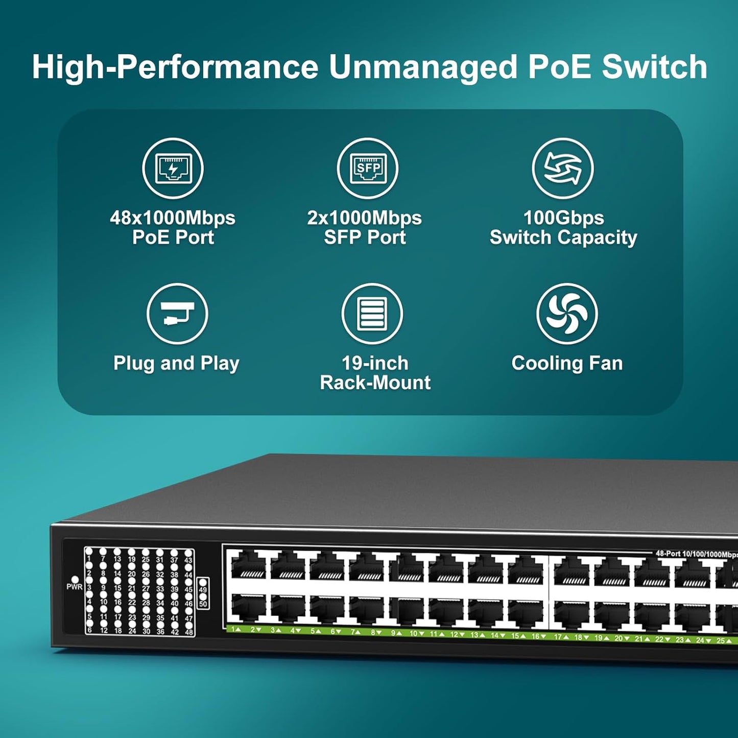 48-Port Gigabit PoE Switch Unmanaged with 2X 1000Mbps Uplink SFP Port, VIMIN 50-Port PoE Ethernet Switch Support IEEE802.3af/at, 400W Power, 100Gbps Switch Capacity，Plug and Play, Rack-Mount