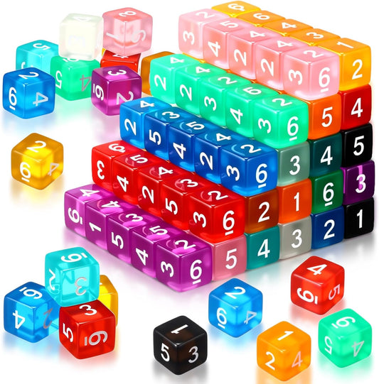 Poen 100 Pcs 16mm Dice Set Bulk, 6 Sided Standard Colored Dices with Numbers, D6 Polyhedral Games Dice for Board Games, Parties (Transparent Color)