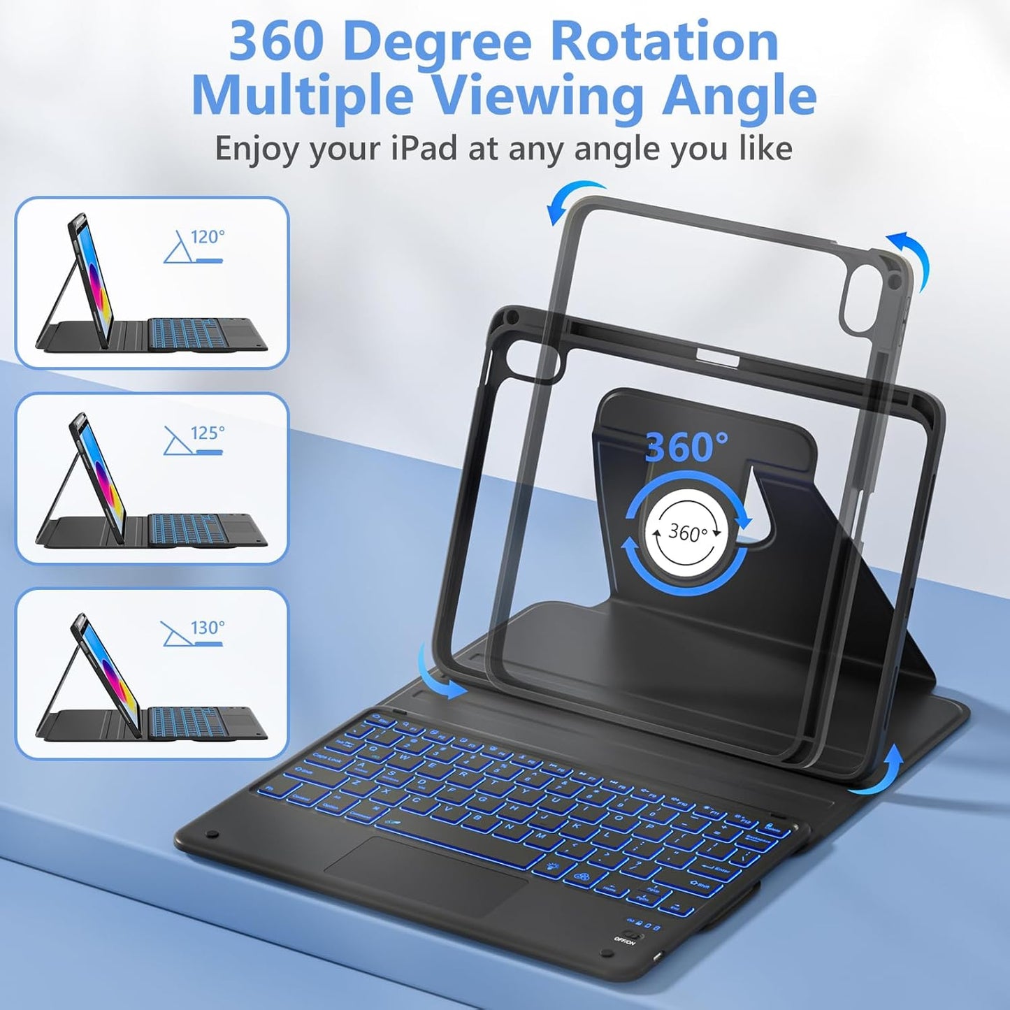 TaIYanG Touchpad for iPad A16 11th/10th Generation Case with Keyboard, 7 Color Backlit 360 Rotation Cover with Pencil Holder,Detachable Keyboard for iPad 11 inch 2025/10th Gen 10.9'' 2022 (Black)