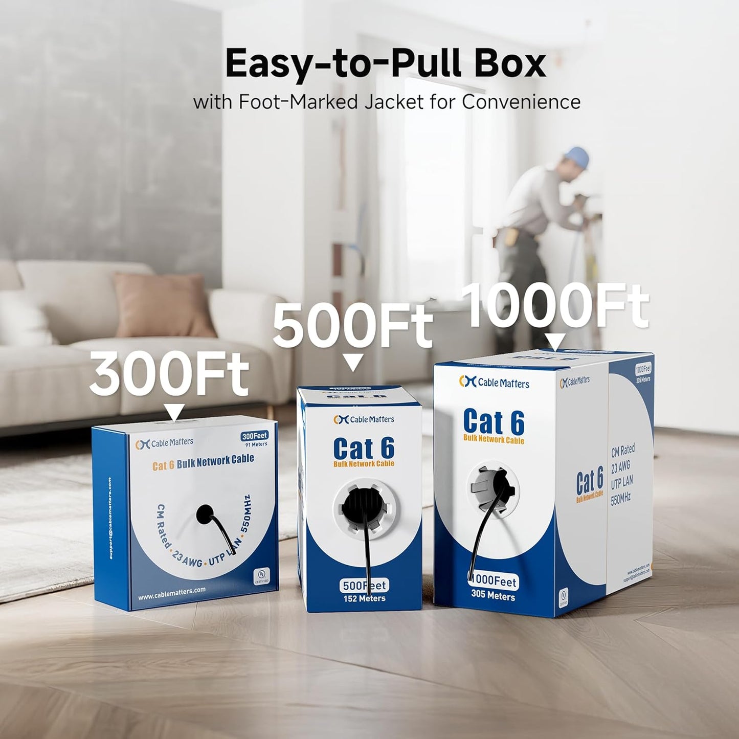 Cable Matters [UL Listed] 10Gbps in-Wall Riser Rated (CMR) 23AWG Bare Copper Cat6 Ethernet Cable - 300ft, Cat 6 Ethernet Cable Spool, Cat 6 Cord Bulk, Blue