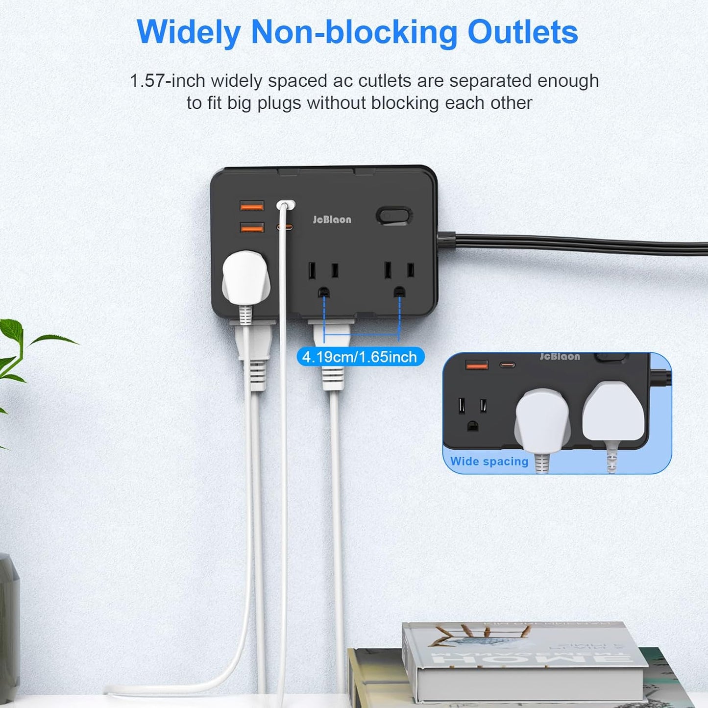 Flat Plug Power Strip Surge Protector, 5ft Ultra Thin Extension Cord with 4 USB Wall Charger(2 USB C Port), 6 Widely-Spaced Outlets Power Strip Compact for Travel, Office, Dorm Room Essentials (Black)