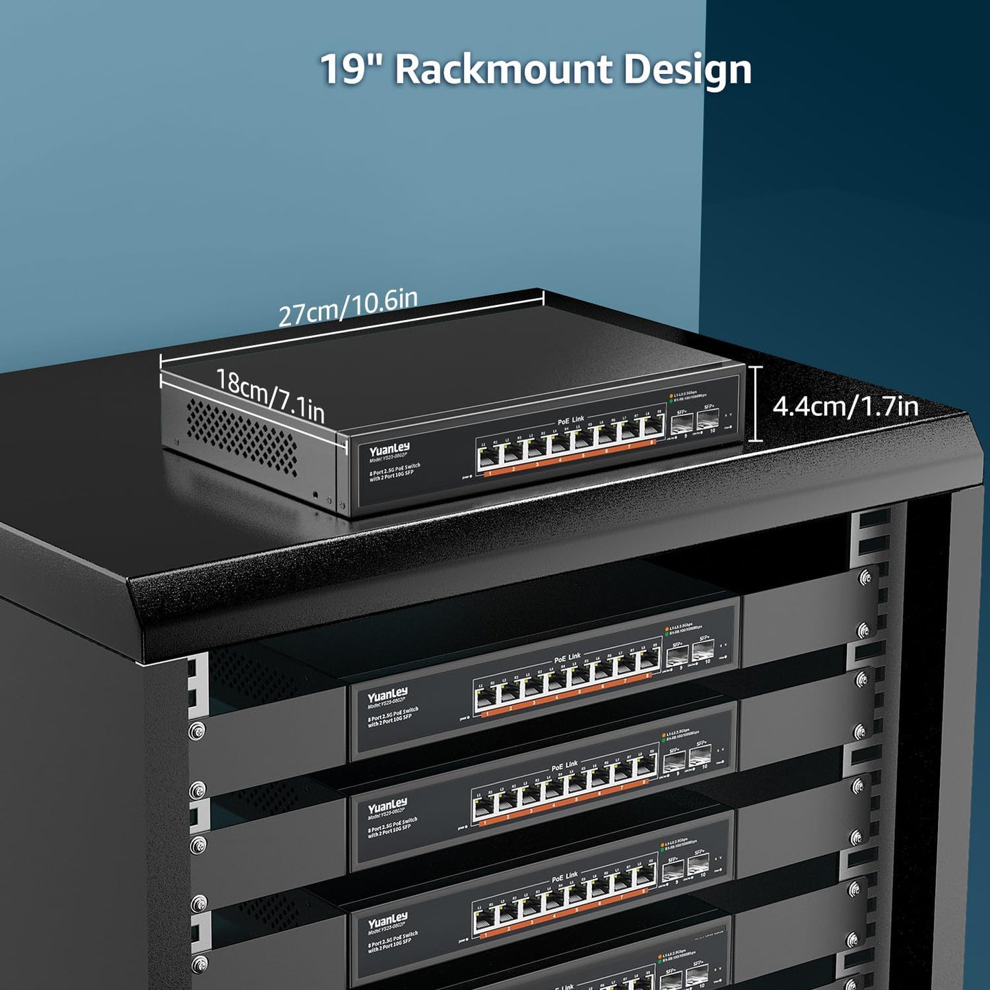 YuanLey 10 Port 2.5G PoE Switch Unmanaged, 8 x 2.5G Base-T PoE Ports, 2 x 10G SFP, IEEE802.3af/at, 120W, Compatible with 100/1000/2500Mbps, Metal Fanless, Desktop/Rack Mount 2.5Gbe Network Switch