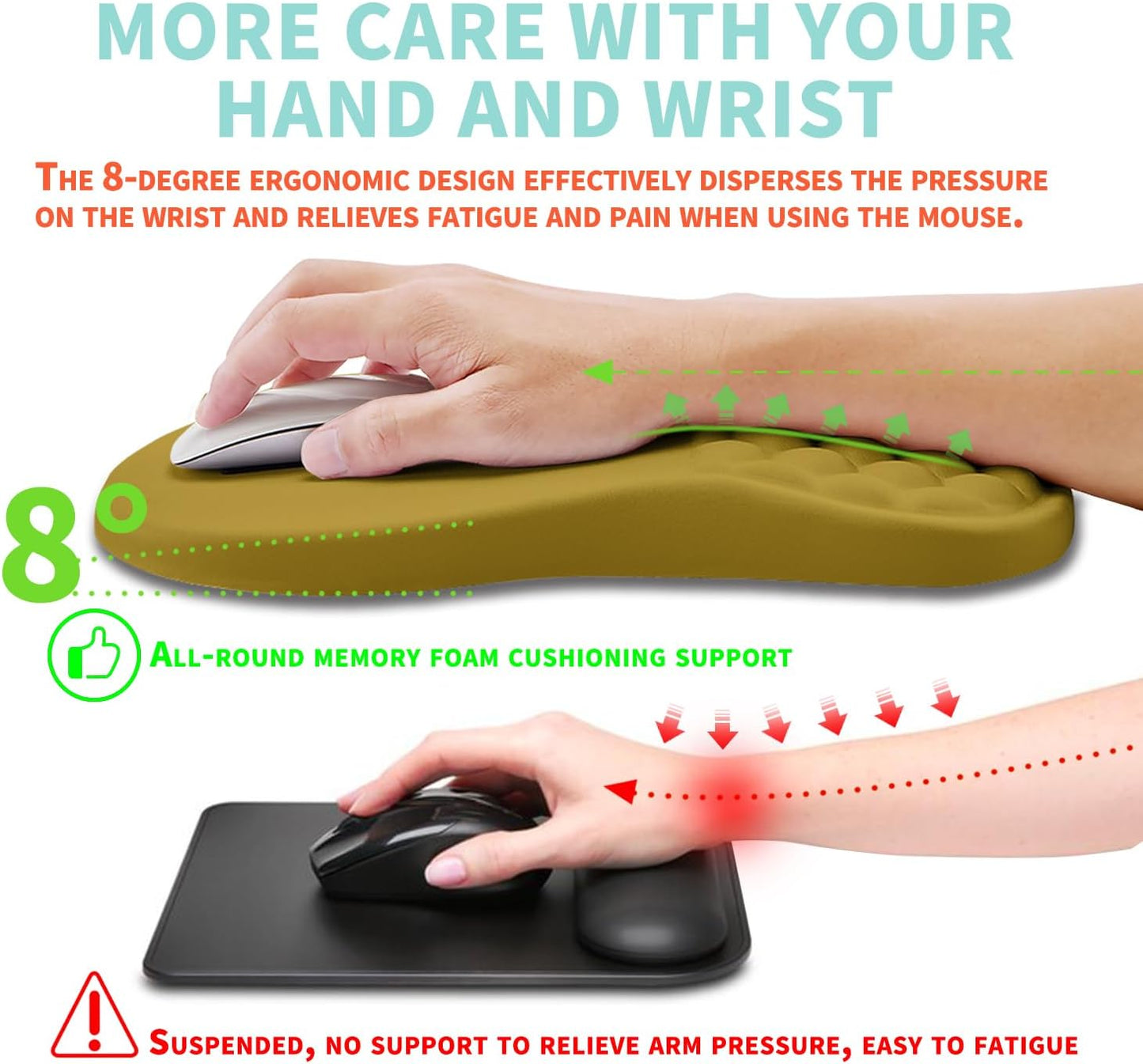 Ergonomic Mouse Pad Wrist Support with Memory Foam Massage Bulge, Carpal Tunnel Pain Relief Mousepad Wrist Rest for Mouse(12x8 inch, Turquoise)