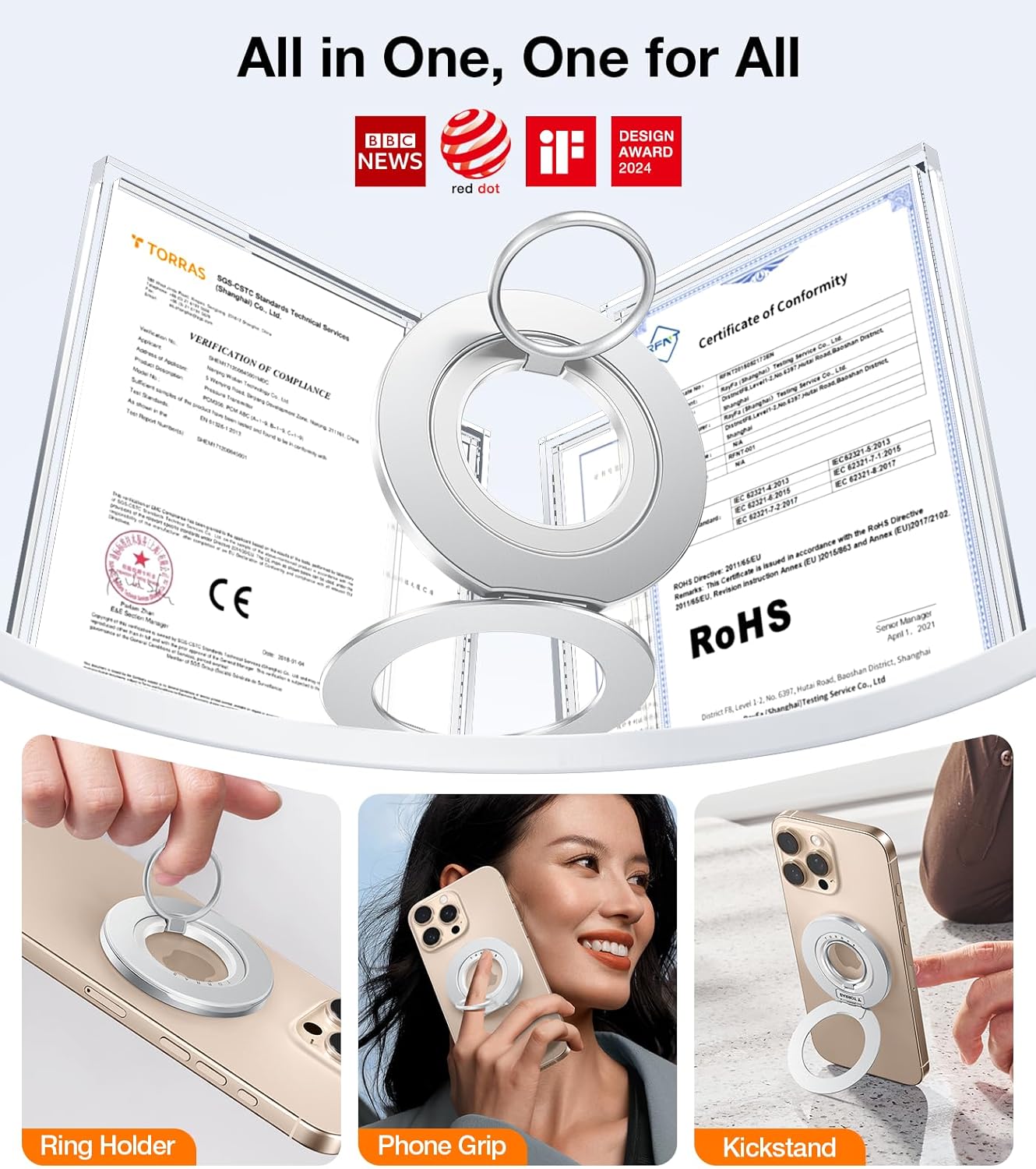 TORRAS 2025 Upgrade [Dual-Ring] Fit for MagSafe Phone Grip Ring Holder [Dual-Ring] Compatible with MagSafe Kickstand Magnetic for iPhone 16/15/14/13/12/11 Samsung, Google Accessories, Silver White