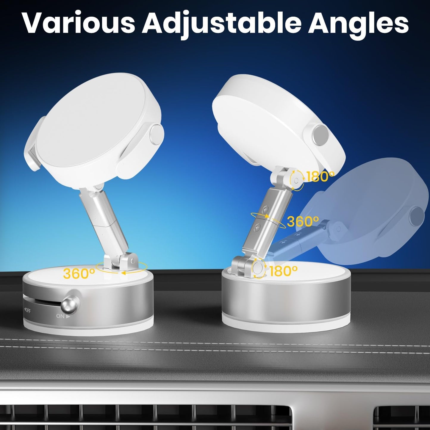 Upgraded 360° Adjustable Vacuum Magnetic Phone Holder, Vacuum Magnetic Suction Phone Mount with Clamp Foldable Phone Holder for Car/Gym/Mirror/Smooth Surface, Suitable with All Smartphones (White)