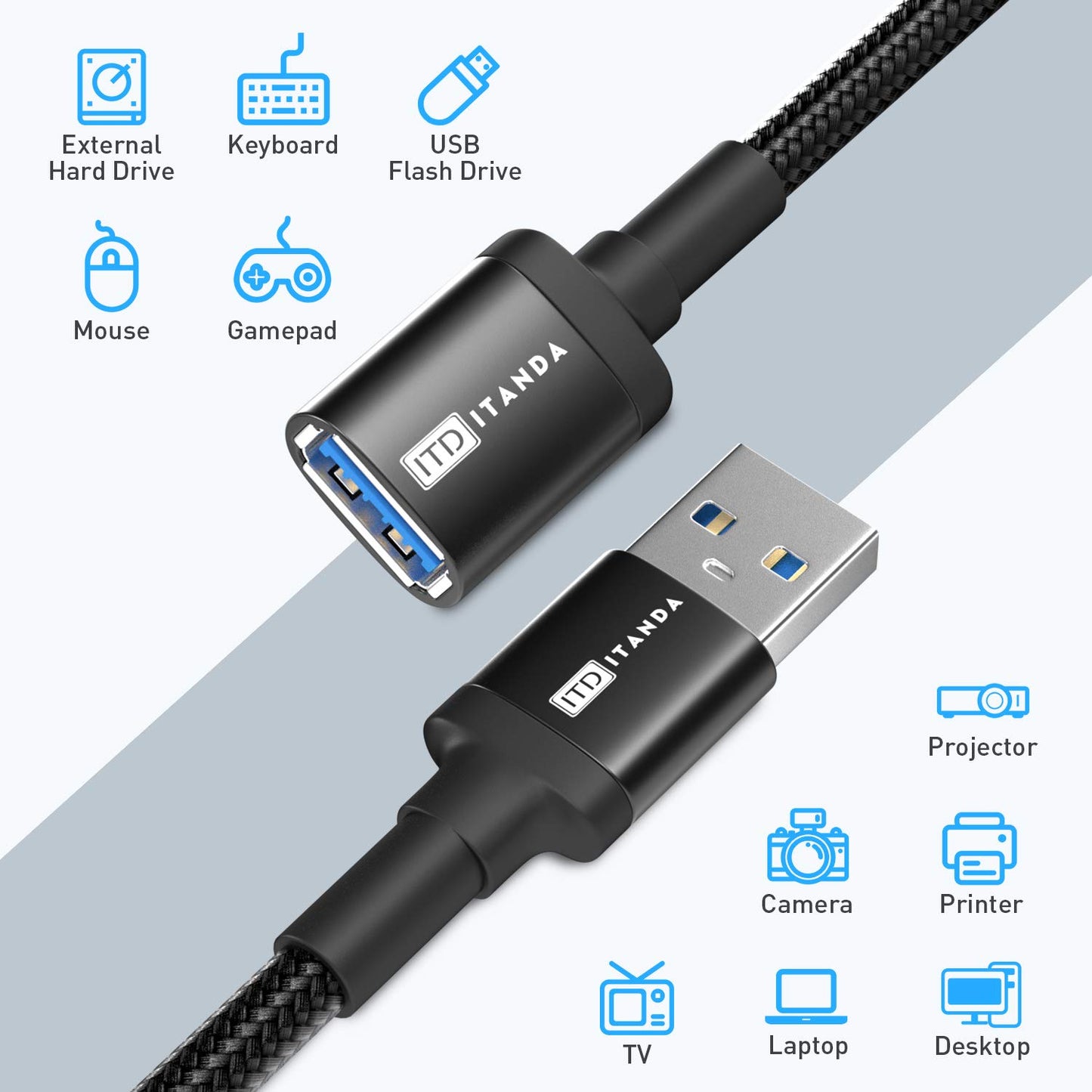 ITD ITANDA 6FT USB Extension Cable USB 3.0 Extension Cord Type A Male to Female 5Gbps Data Transfer for Keyboard, Mouse, Playstation, Xbox, Flash Drive, Printer, Camera and More, Black