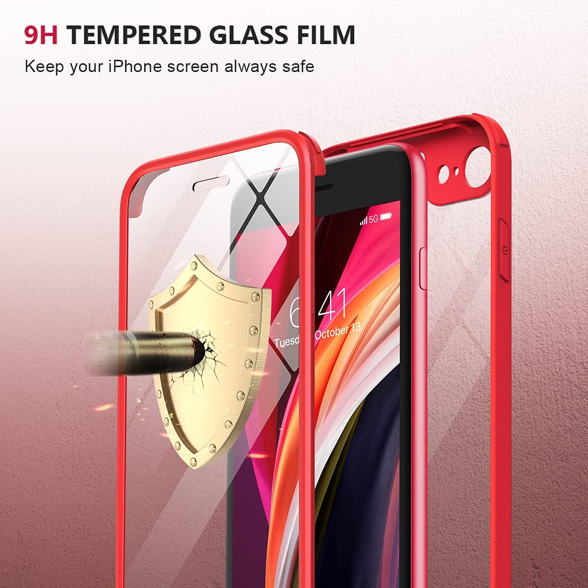 Miracase for iPhone SE Phone Case 3rd/2nd Generation 2022 2020 Full-Body with Built-in Glass Screen Protector, Heavy Duty 360° Protective Shockproof Bumper Cover for iPhone 8/SE 4.7 Inch, Red