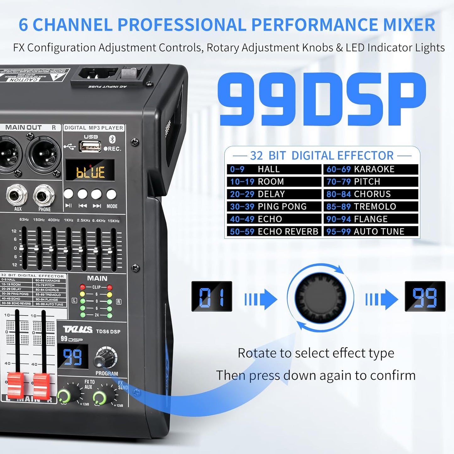 Audio Mixer, 6-Channel Professional DJ Mixer with 99-Bit DSP Effects, 7-Band EQ, 48V Phantom Power, MP3/Computer Input - Studio Audio Mixing Console for Recording & Live Performances