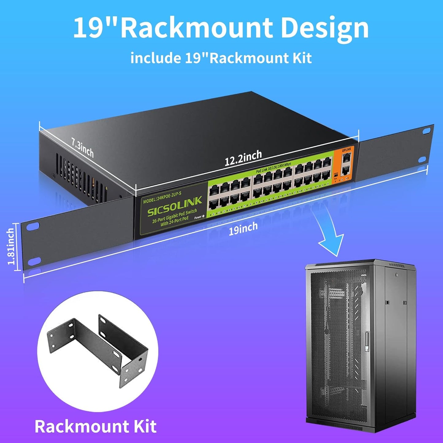 24 Port Full Gigabit PoE+ Switch, 2 Gigabit Network Uplink, 400W, Unmanaged, Fanless Silent Operation, 802.3af/at, 19''Rackmount, Qos, Suitable for POE Camera, AP, PC