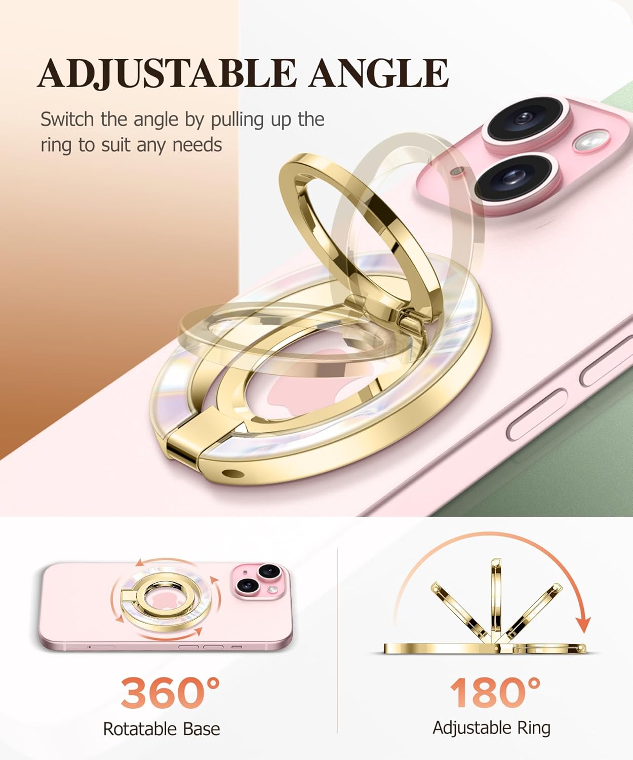 GVIEWIN Magnetic Phone Ring Holder, Compatible with MagSafe Phone Grip with Adjustable Stand, Magnet Phone Ring Kickstand for iPhone 16 Pro Max/Plus/15/14/13/12 Series/Other Phones (Pearly/Purple)