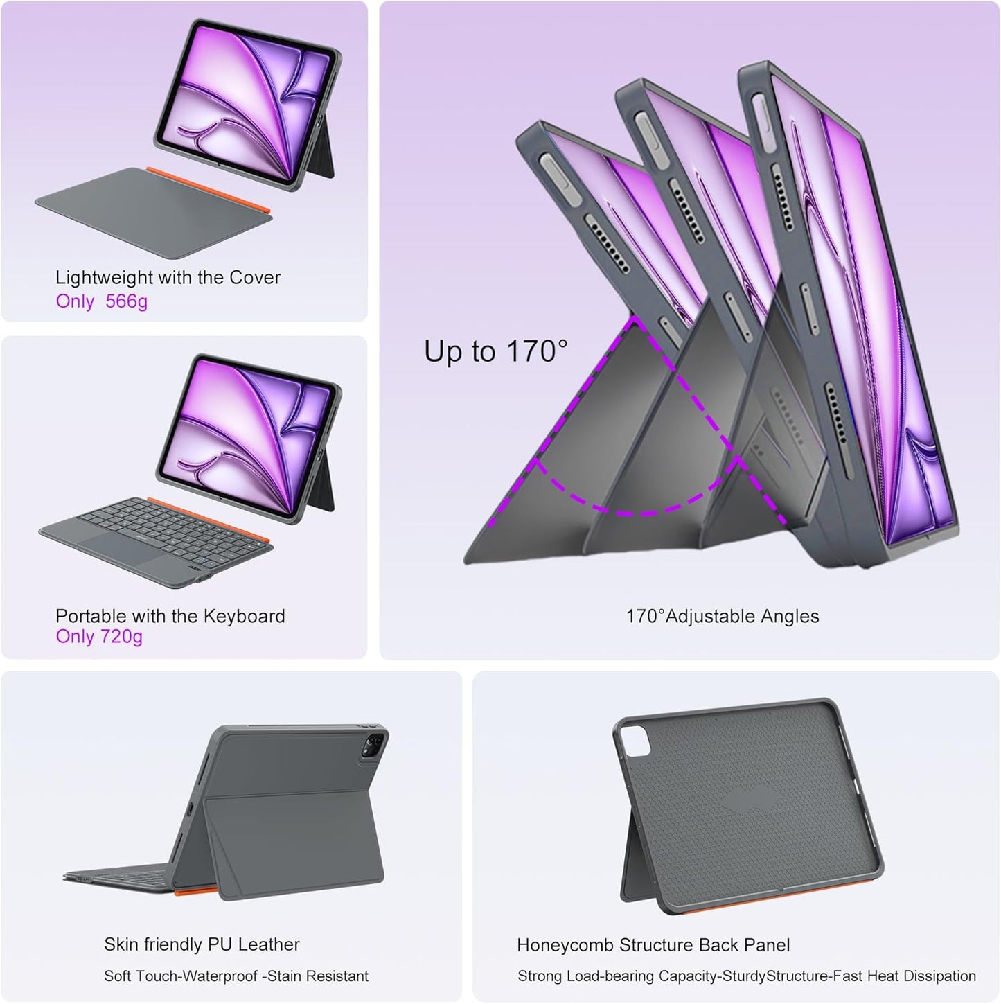 WIWU Keyboard Case for iPad Air 13 Inch 3 in 1 Magnetic Detachable Keyboard Case Adjustable Stand 7 Colours Backlit Keys with Trackpad (Grey, for Air 13"(M3/M2) Pro 12.9" 6/5/4/3)