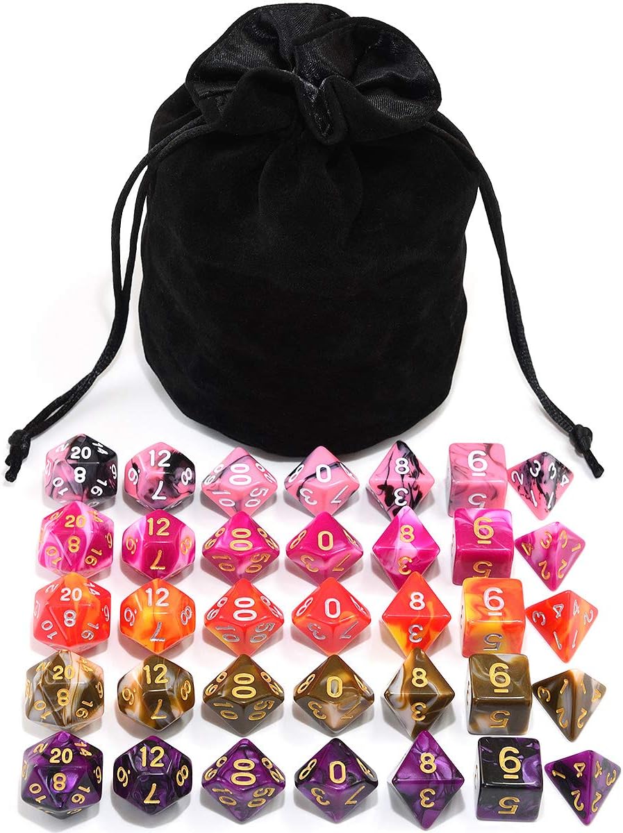 Assorted 5 Colors Polyhedral Dice Set for Dungeons and Dragons RPG Table Games with Black Drawstring Pouch