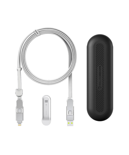 Rolling Square inCharge XL 200 cm - USB-C Cable, Universal Smartphone Cable, Gift for Men, 6-in-1 Universal Charger for Smartphones, Technical Gadget, White, Lightning Cable 100W