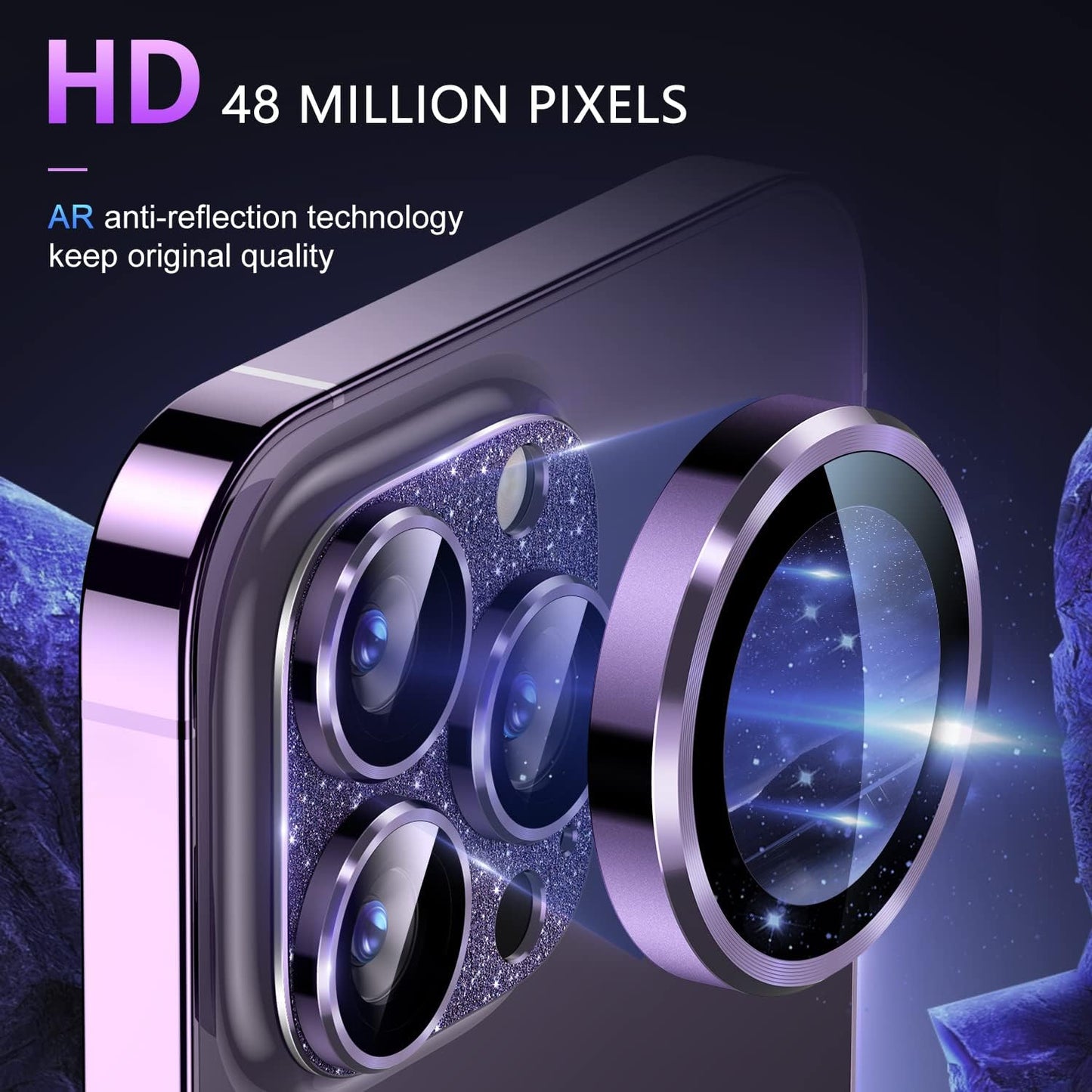 Uyiton for iPhone 14 Pro/iPhone 14 Pro Max Camera Lens Protector, [Drop Protection] 9H Tempered Glass Camera Cover screen Metal Ring Case Friendly Scratch Resistant Easy to Install - Glitter Purple