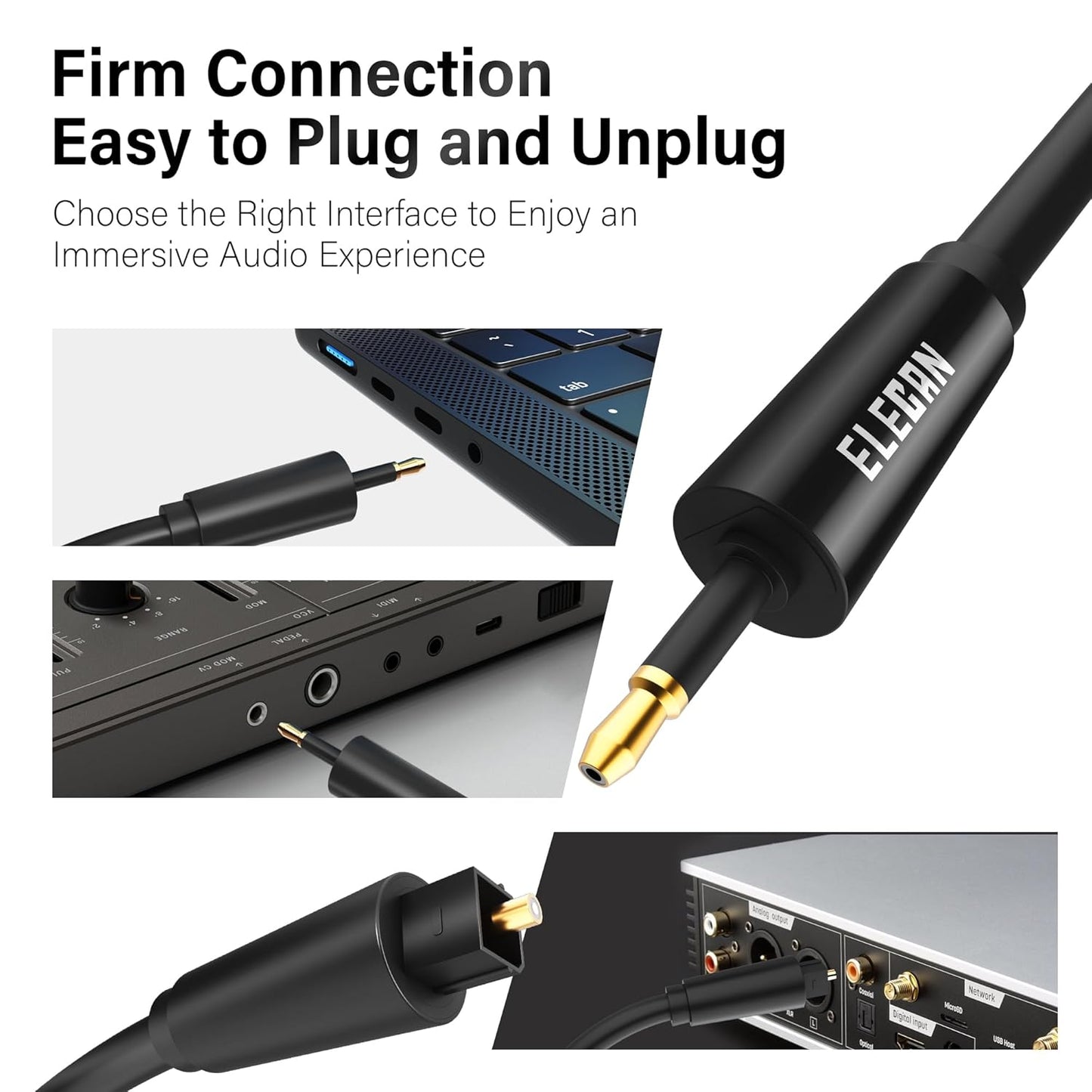 Elecan Mini Toslink to Toslink Digital Optical S/PDIF Audio Cable 50 Ft, Gold Plated Soft Flexible Fiber Optic Cable,Signal Protection PVC,Surround Sound for Soundbar,Home Theater,Hi-Fi System+Ties MI