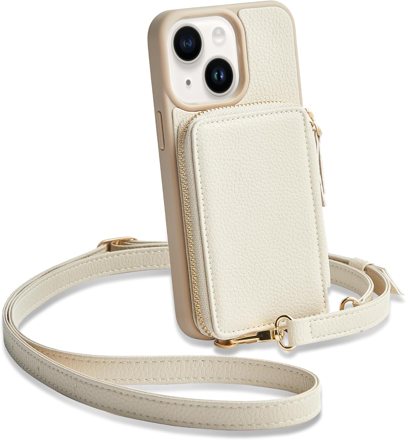 ZVE for iPhone 15 Crossbody Wallet Case, Card Holder Phone Purse for Women, RFID Blocking Zipper Carrying Leather Cover with Wrist Strap for iPhone 15 (6.1 inch)- Beige