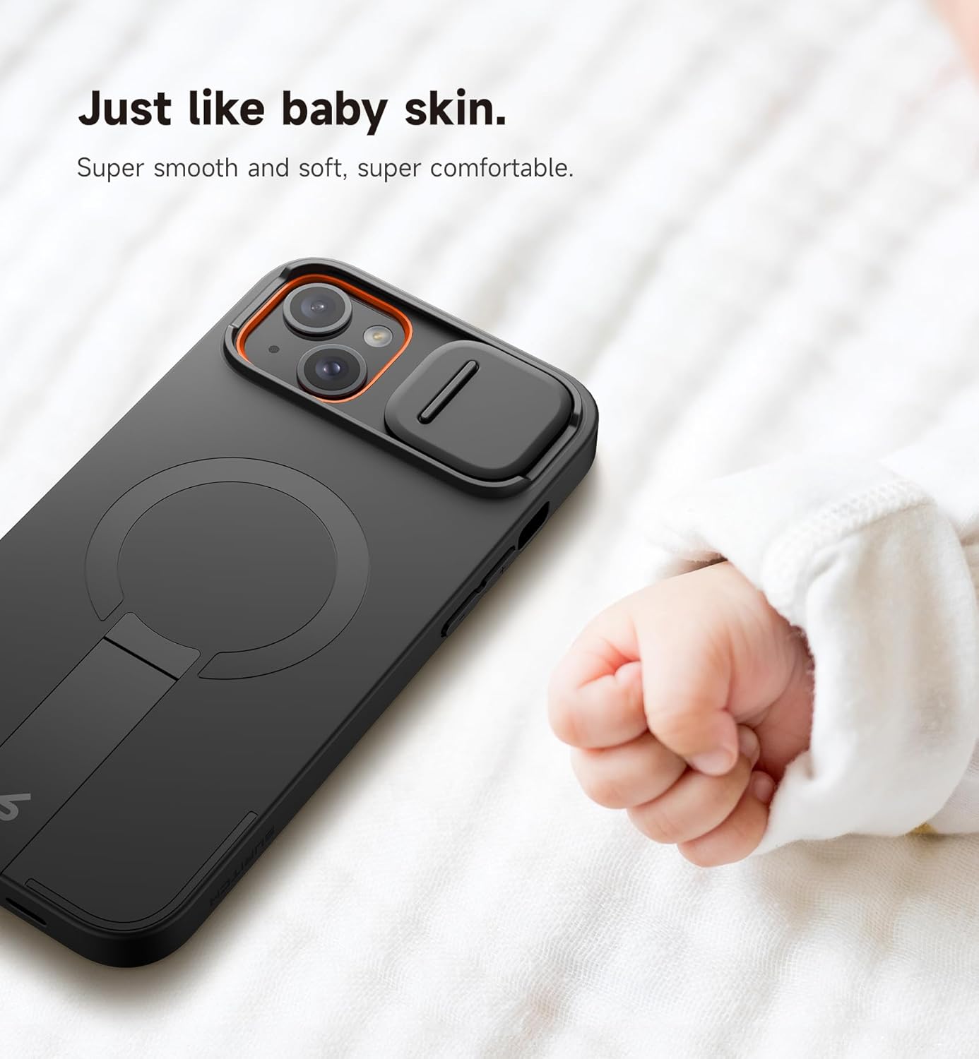 SURITCH for iPhone 14 Plus/15 Plus Case with Magnetic Camera Slide Cover and Adjustable Kickstand, Compatible with MagSafe, Shockproof Bumper Case Slim Protective Cover 6.7 Inch, Black