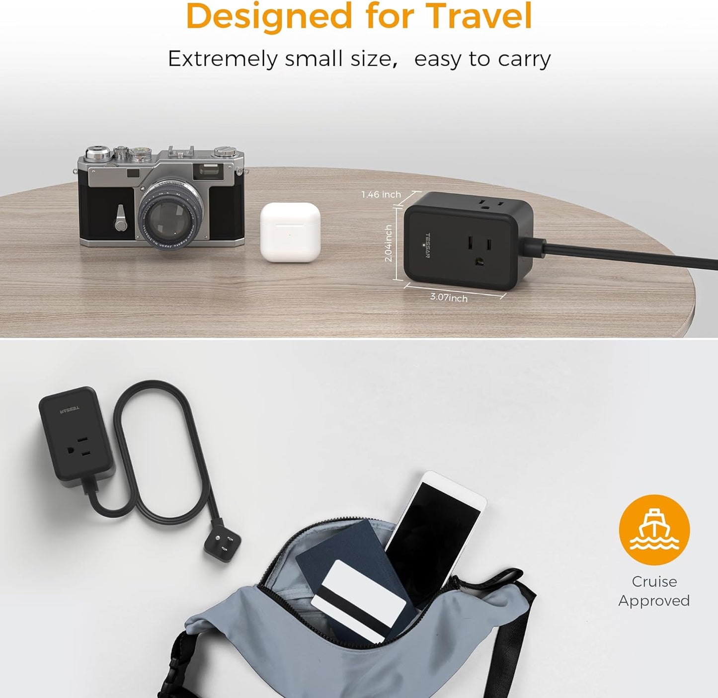 Flat Black Extension Cord, TESSAN Ultra Thin Power Strip with 3 USB Wall Charger (1 USB C), 3 Outlets Small Charging Station, 5 ft Slim Plug for Cruise Travel Office School Dorm Room Essentials