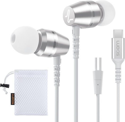LUDOS OMNITONE USB C Headphones for iPhone 16 15 Pro Max Plus iPad Pro, 5 Years Warranty, USB-C Earbuds for Samsung Galaxy S24 S23 Ultra S22 S21 FE S20 A55 A54 A53, USB Type C Earphones - White