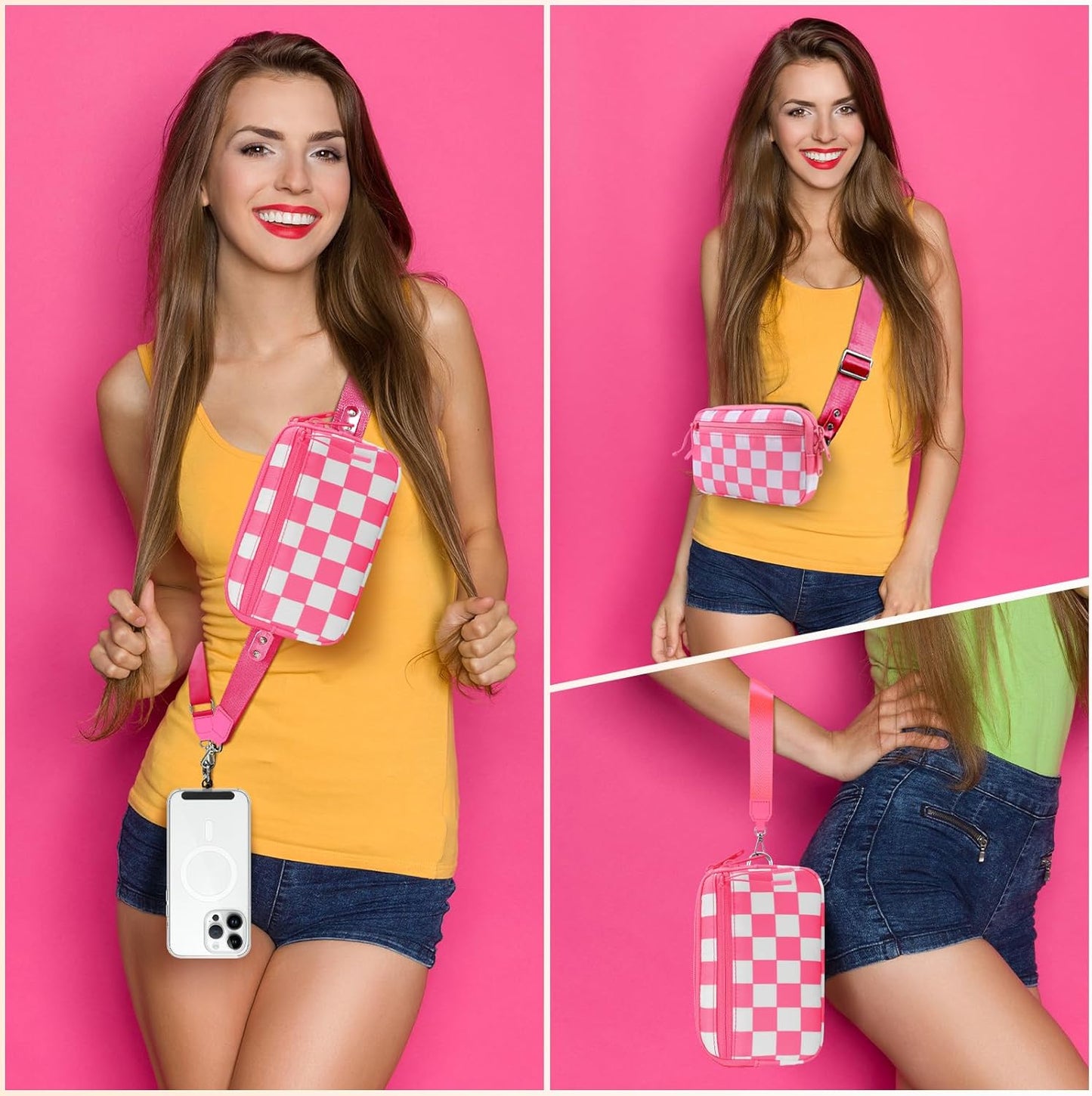 Clip and Go Strap for Phone with Wallet Crossbody, Adjustable Phone Lanyard with Detachable RFID Wristlet Wallet, Phone Strap with Phone Tabs for All Phones, Pink Checkered (L)