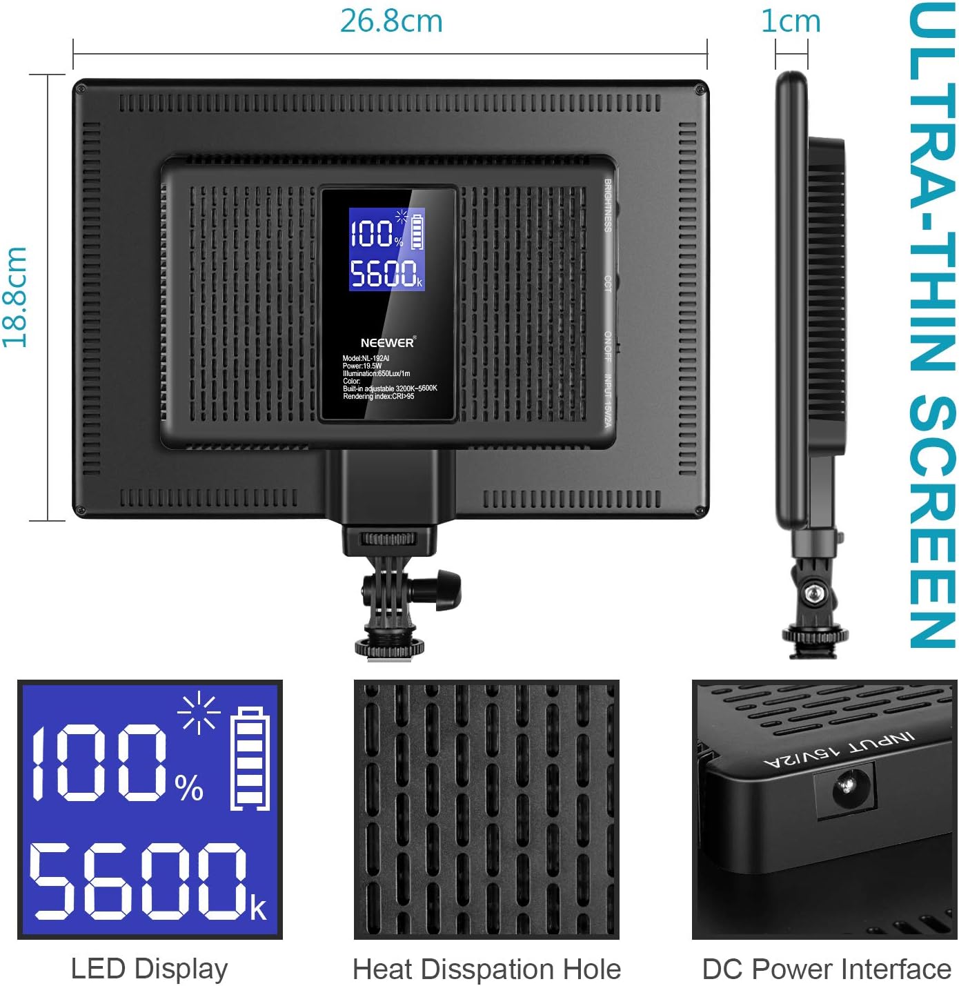 NEEWER 192 LED Video Light Panel, 20W Ultra Thin Bi Color Dimmable DSLR Camera Soft Light, 8000mAh Built in Lithium Battery, 3200-5600K CRI97+, Key Lighting for Studio Photography Recording Streaming