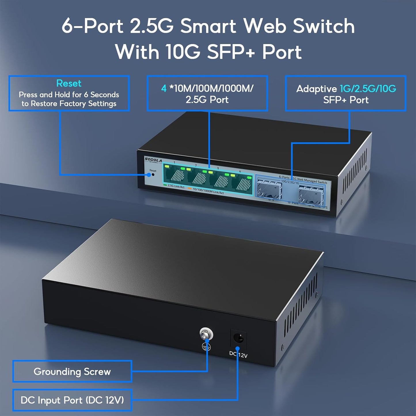 SODOLA 6 Port 2.5G Easy Web Managed Switch, 4 x 2.5G Base-T Ports, 2 x 10G SFP+, Static Aggregation,QoS/VLAN/IGMP, 2.5Gb Network Homelab Switch