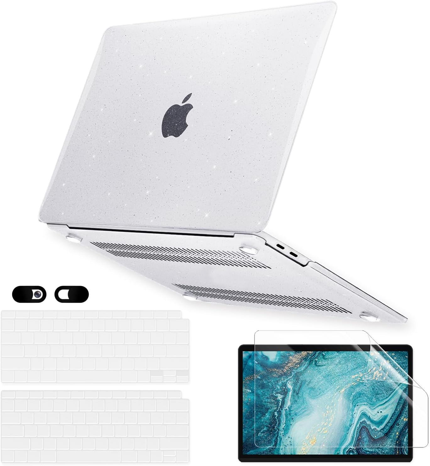 Sparkly Clear Case for MacBook Pro 13 inch M2 M1 A2338 A2289 A2251 A2159 A1989 A1706 2023-2016 Release with Touch ID, 6 in 1 Glitter Plastic Hard Shell&Keyboard Cover&Screen Protector&Webcam Cover