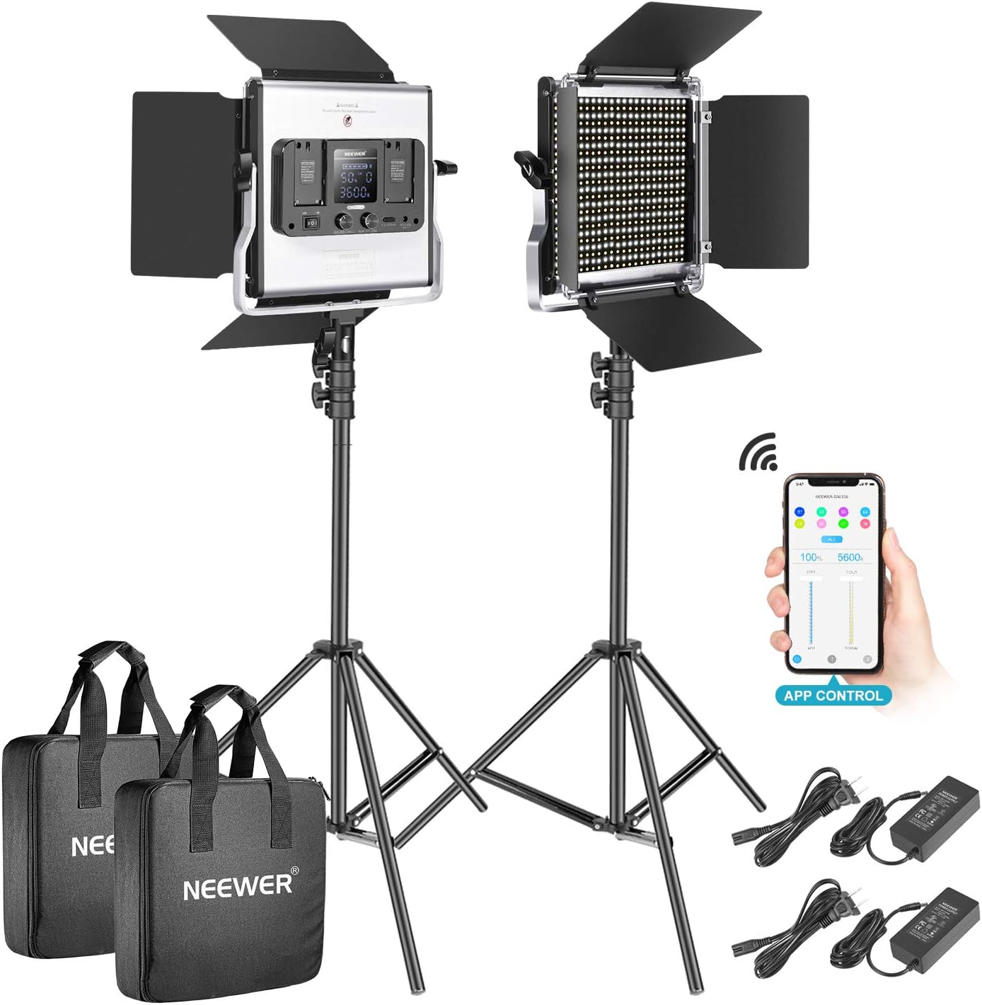 Neewer 2-Pack 530 LED Video Lighting Kit with APP Control, Dimmable Bi-Color 3200K~5600K Video Light with U Bracket, Barndoor, Stand and Bag for Photography/YouTube/Live Streaming/Zoom Meeting