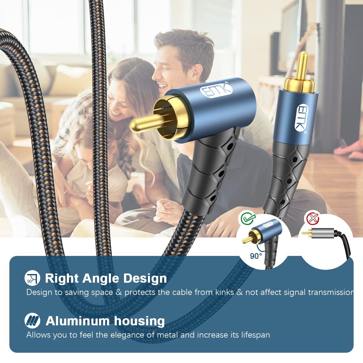 EMK RCA Subwoofer Cable 90 Degree RCA to RCA Audio Cable 24K Gold-Plated Nylon Braided Double Shielded Digital Analogue Supports Amplifiers,Home Theater,Hi-Fi Systems,Subwoofer(6.6ft/2m)