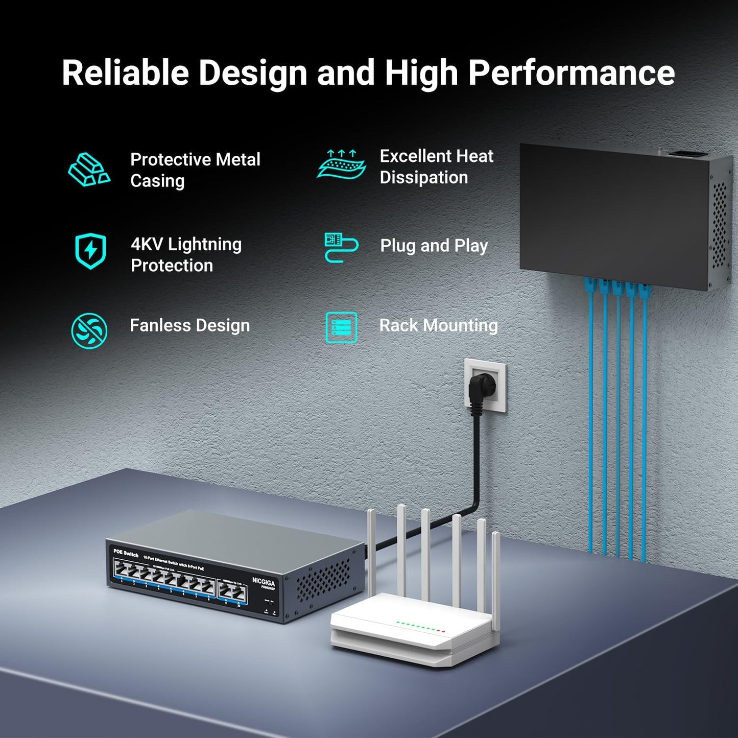 8 Port PoE Switch with 8 Ports 100Mbps PoE+@120W + 2 * Gigabit Uplink Port, NICGIGA 10 Port 802.3af/at Power Over Ethernet Network Switch Unmanaged, VLAN and 250m Extender Mode, Fanless.