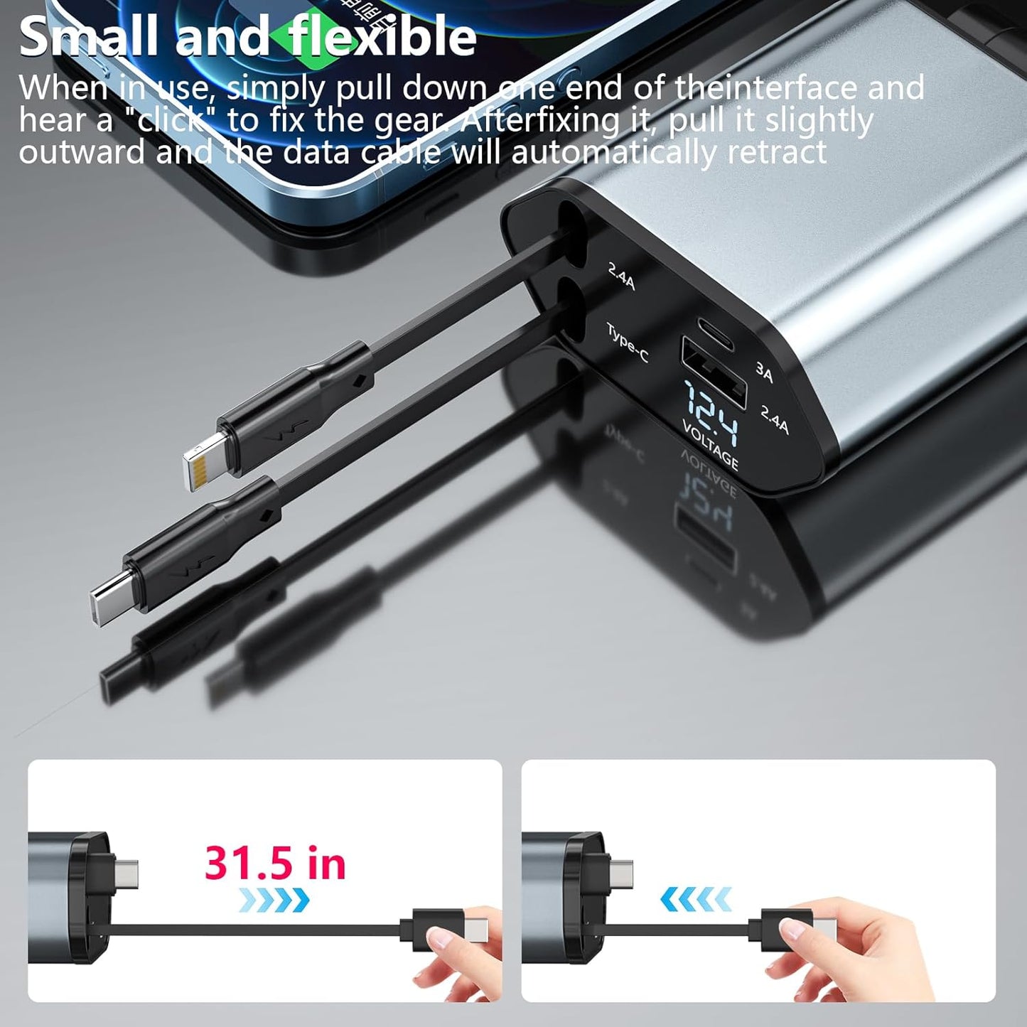 Retractable Car Charger, 120W 2.7Ft Retractable Cables and 4 Electronic Ports, Car Accessories Compatible for iOS & Android Cell Phones All Device Charging