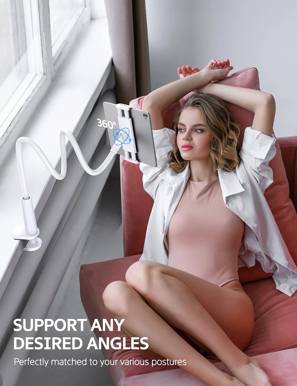 SHAWE Gooseneck Tablet Holder Phone Stand, Flexible Tablet Mount for Bed, 360 Adjustable Lazy Arm Holder Clamp Mount for iPad Air Pro Mini, Samsung Galaxy Tabs, iPhone, Switch, 4.0~10.5" (White)