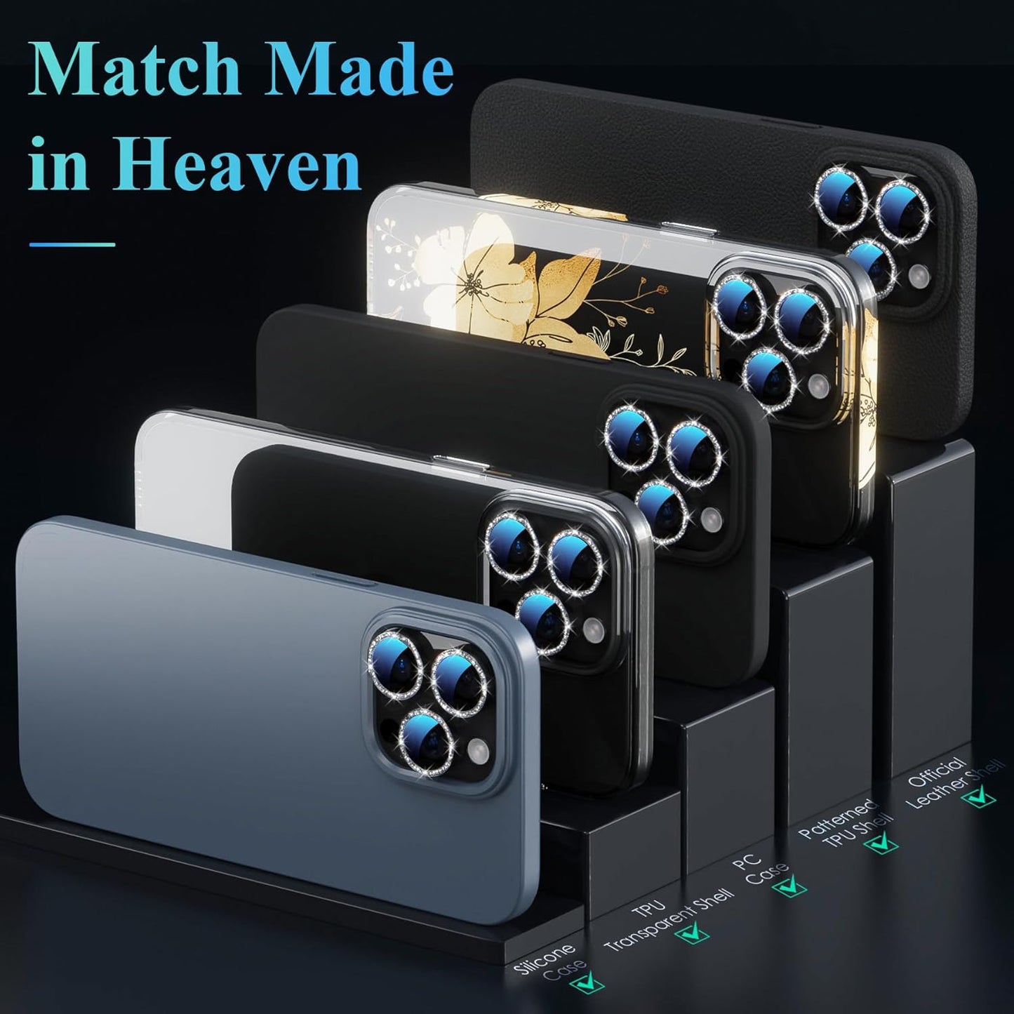 YWXTW Designed for iPhone 16 Pro/iPhone 16 Pro Max Camera Lens Protector Bling, [New Glitter Design] Individual Metal Tempered Glass Camera Cover Accessories Case Friendly (Black Titanium)