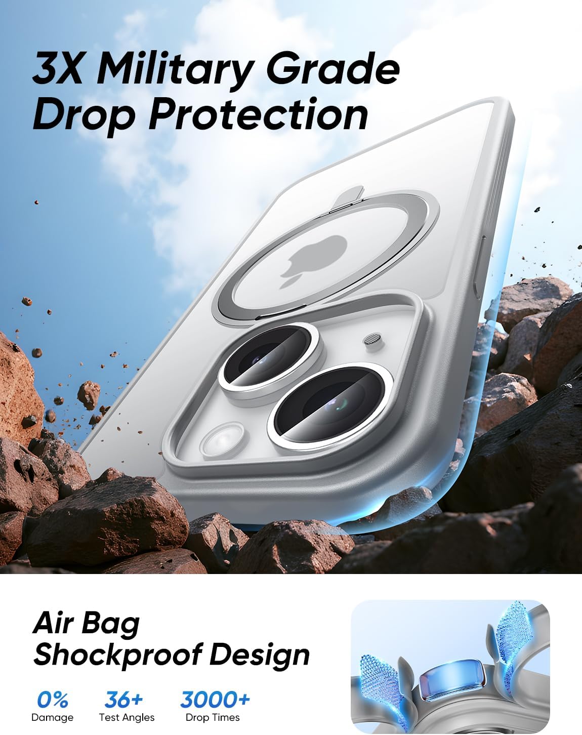 MAGIC JOHN 360° Rotatable Magnetic Invisible Stand for iPhone 14/iPhone 13 Case [Anti-Slip Grip] [Compatible with MagSafe] 16FT Shockof for iPhone 14/13 Case with Kickstand, Gray