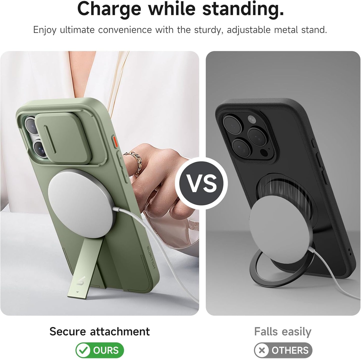 SURITCH for iPhone 15 Pro Max Case with Magnetic Camera Slide Cover and Adjustable Kickstand, Compatible with MagSafe, Shockproof Bumper Case Slim Protective Cover 6.7 Inch, Green