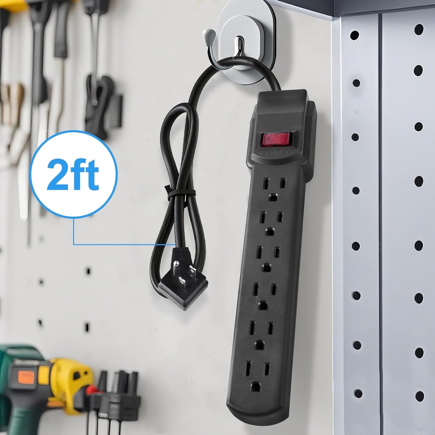 6-Outlet Surge Protector – 250 Joules, 2ft Cord, 15A/125V, 1875W Max – Right Angle Plug, Black – Home, Office, & Electronics Protection