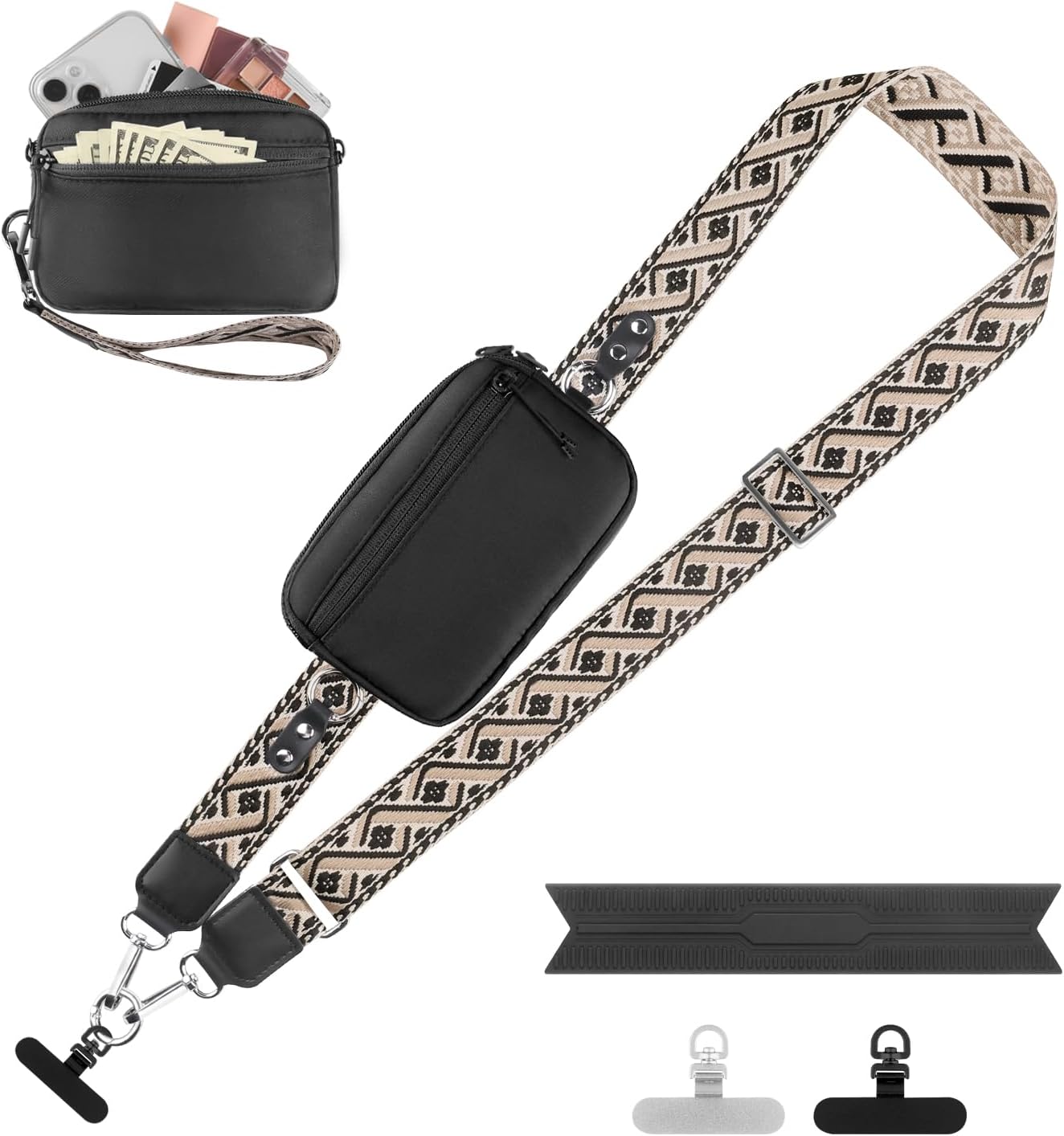 Clip and Go Strap for Phone with Wallet Crossbody, Adjustable Phone Lanyard with Detachable RFID Wristlet Wallet, Pattern Strap, Black (M)