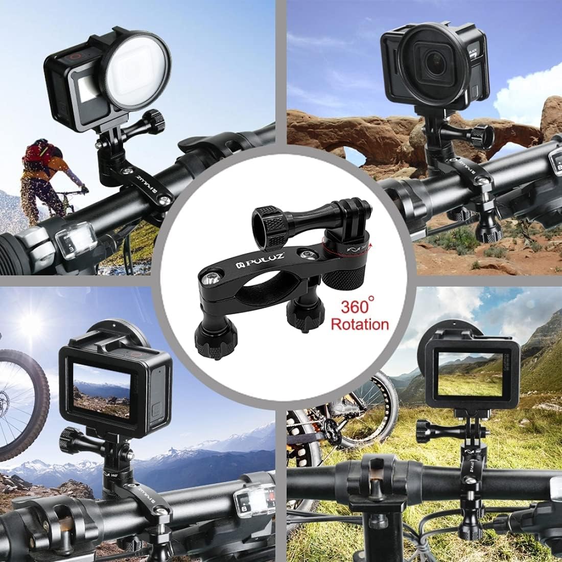 PULUZ Bike Motorcycle Handlebar Mount, 360 Degree Rotation Aluminum Bicycle Moto Camera Mount for GoPro Hero 12 11 10 9 8 7 6 & DJI Osmo Action
