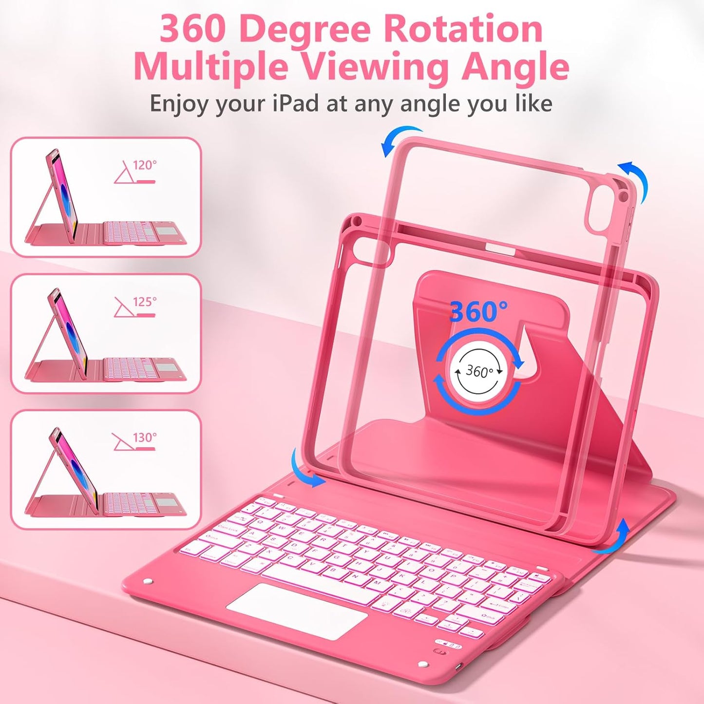 Touchpad for iPad A16 11th/10th Generation Case with Keyboard, 7 Color Backlit 360 Rotation Cover with Pencil Holder,Detachable Keyboard for iPad 11 inch 2025/10th Gen 10.9'' 2022 (Watermelon Red)