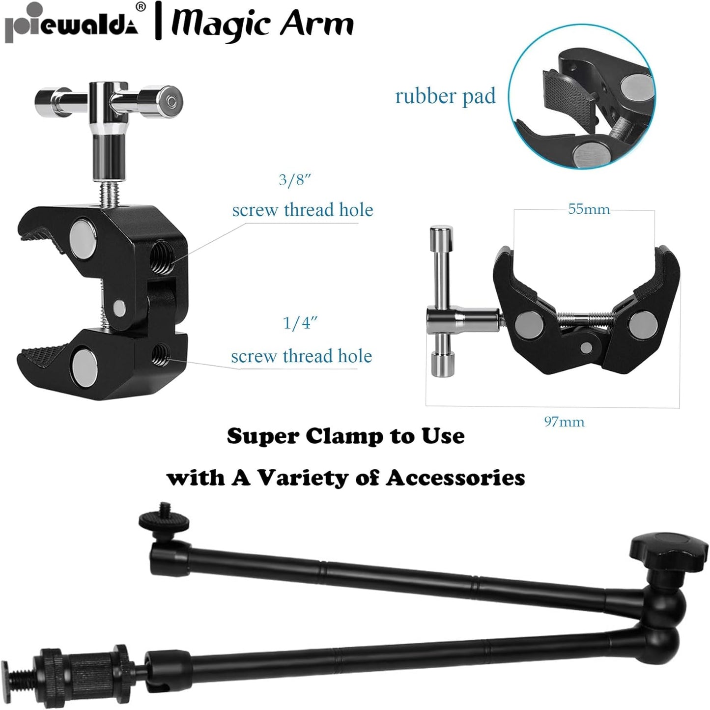 Camera Magic Arm articulating arm- 20 Inch Metal Adjustable Friction Articulated arm with Super Clamp/Phone Clip, for Various Action Camera/DSLR/LCD Monitor/LED Lights/Cell Phone