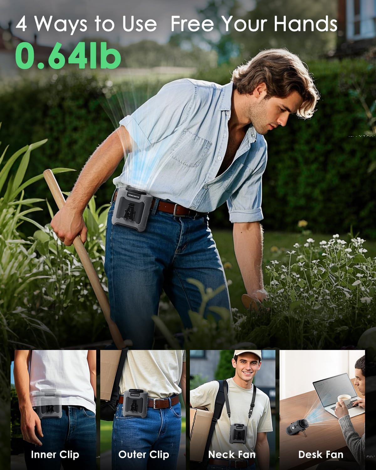 Portable Waist Fan Clip on, Personal Wearable Belt Fan 10000mAh Rechargeable Battery Under Shirt,5 Speeds with light, Neck Fan Hands-Free Cooling For Outdoor Camping Travel (Grey)