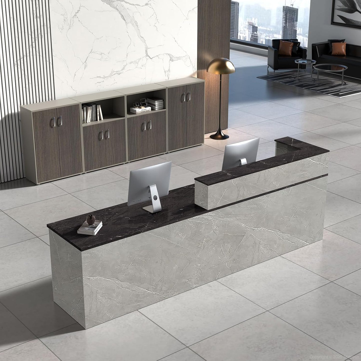 Reception Desk with Counter, Modern Front Desk Reception Counter with Keyboard Tray, Lockable Drawer and Storage Shelves for Office, Retail, Salon (Gray+Black/Left, 79" L*24" W*39" H)