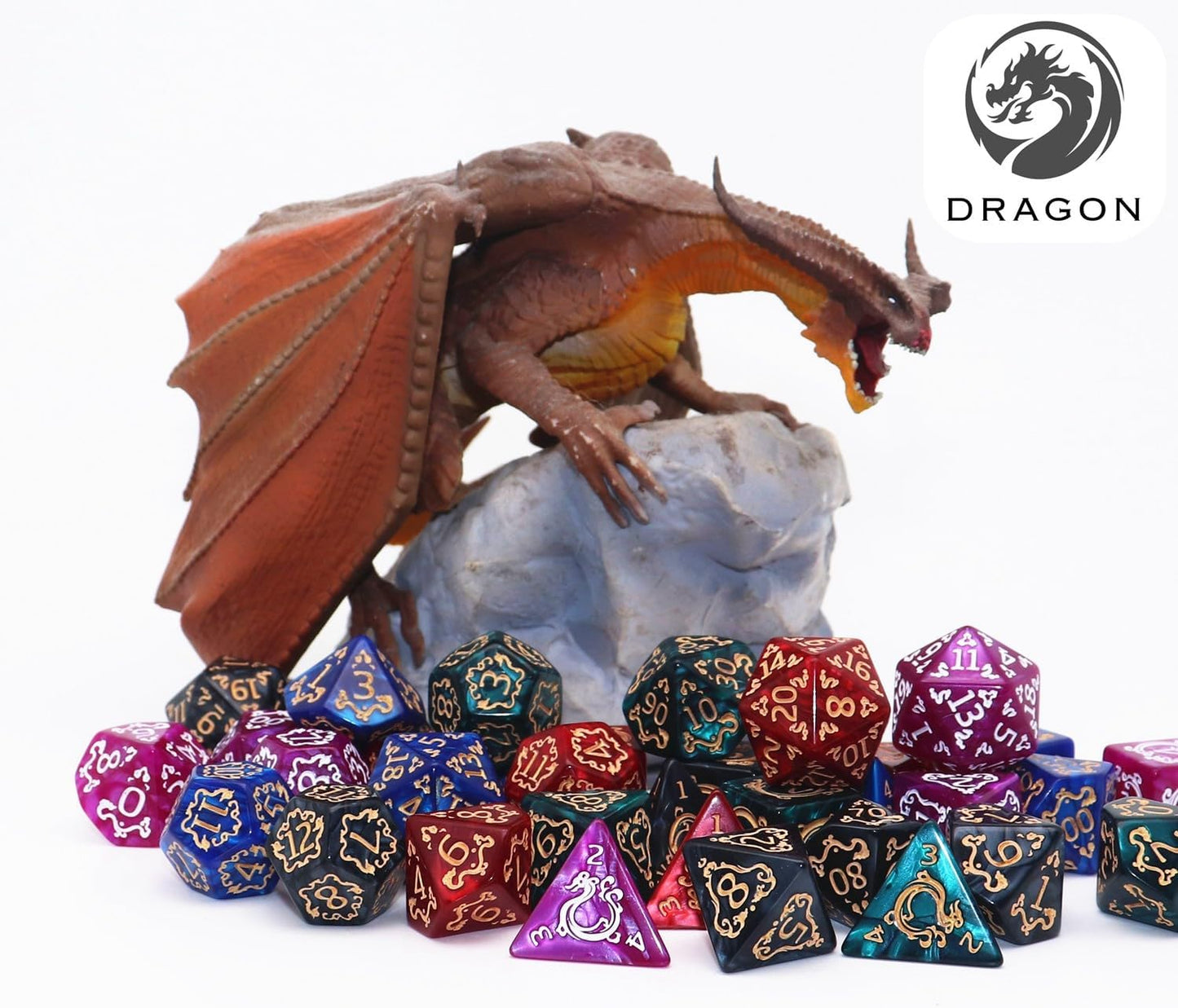 Polyhedral DND Dice Set, 5 Pack Vintage Dragon-Patterned Dice Sets Compatible with Dungeons and Dragons D&D RPG Games,35 Pieces (5 Colors with Black)