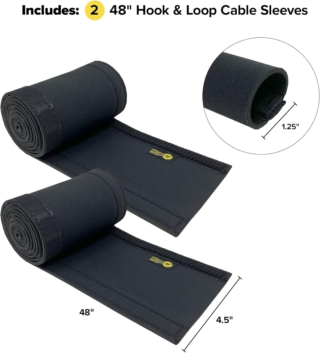 Hook and Loop Cable Sleeve by Wrap-It Storage - 48" x 4.5" (2-Pack) Black - Cut to Size Cord Organizer and Cable Protector for Desk, TV Cord Management to Hide and Cover Wire and Extension Cords
