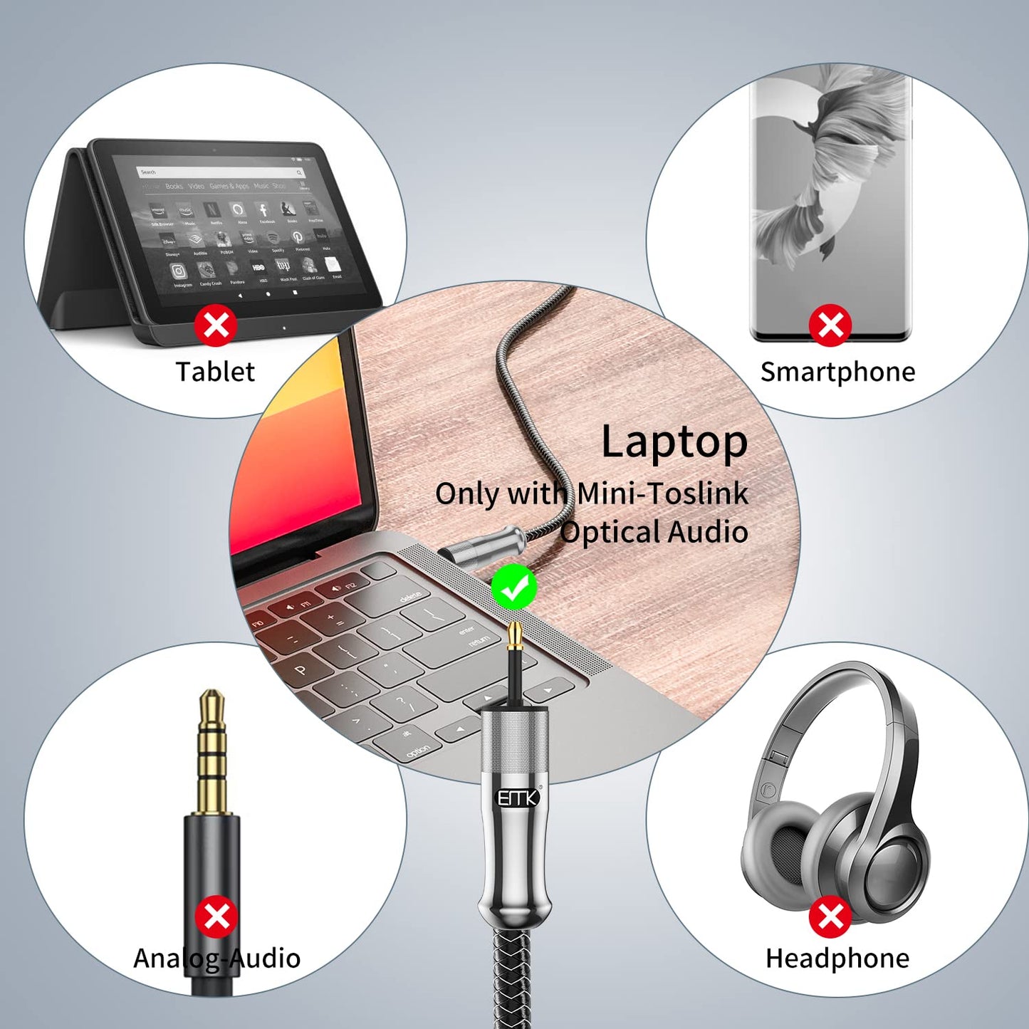 EMK 24K Gold-Plated Toslink to Mini Toslink Cable (25ft/8M) - Digital Optical Audio Cable with 3.5mm Mini Plug for Soundbar, Home Theater, TV - Silver SPDIF Fiber Optic Cord